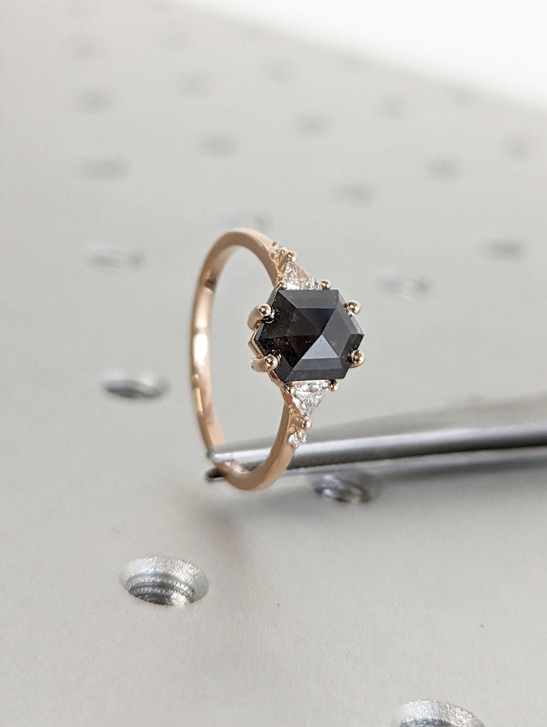 Galaxy Raw Salt and Pepper Diamond Ring- Hexagon Cut Diamond Engagement Rings- Unique Bridal Geometric Diamond Promise Ring Triangle Diamond