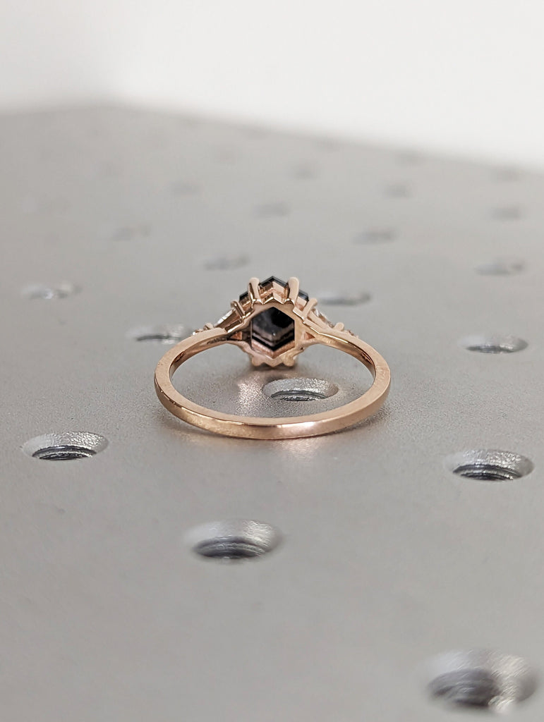 Galaxy Raw Salt and Pepper Diamond Ring- Hexagon Cut Diamond Engagement Rings- Unique Bridal Geometric Diamond Promise Ring Triangle Diamond