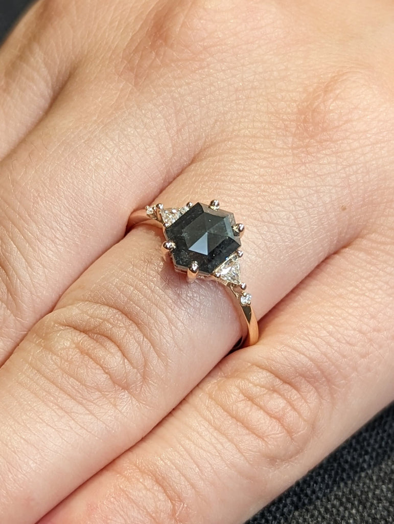 Galaxy Raw Salt and Pepper Diamond Ring- Hexagon Cut Diamond Engagement Rings- Unique Bridal Geometric Diamond Promise Ring Triangle Diamond