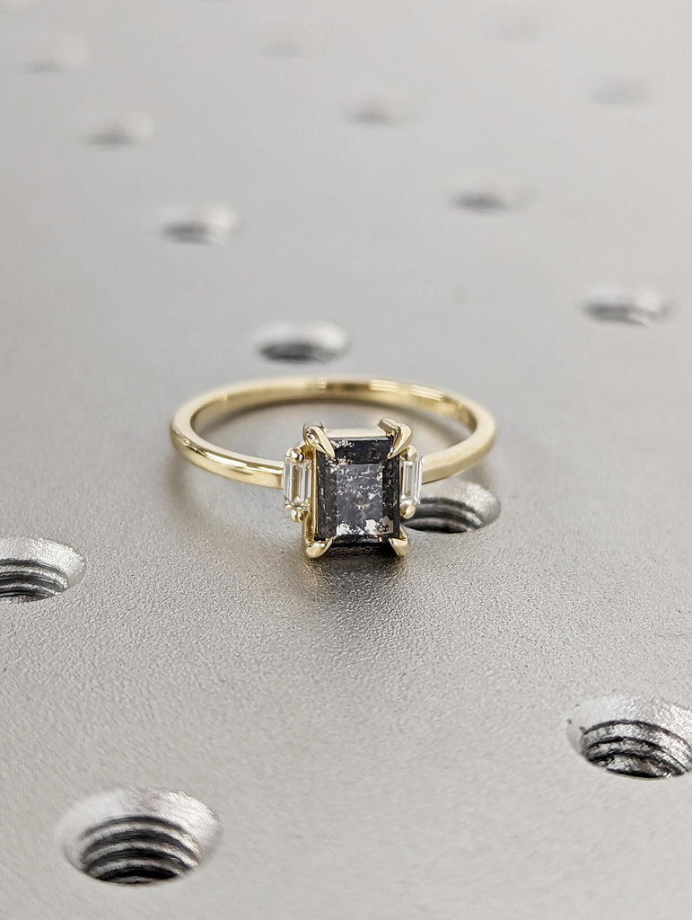 Galaxy Raw Salt and Pepper Diamond Ring- Baguette Cut Diamond Engagement Ring- Unique Bridal Geometric Diamond- Promise Ring- Vintage Ring