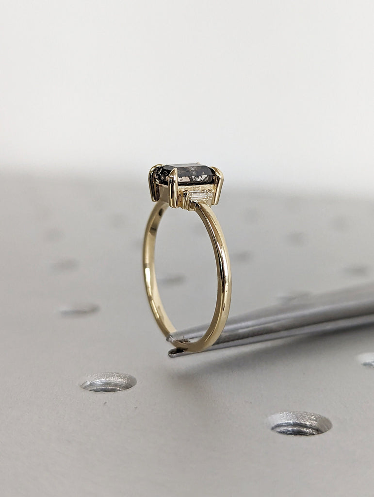 Galaxy Raw Salt and Pepper Diamond Ring- Baguette Cut Diamond Engagement Ring- Unique Bridal Geometric Diamond- Promise Ring- Vintage Ring