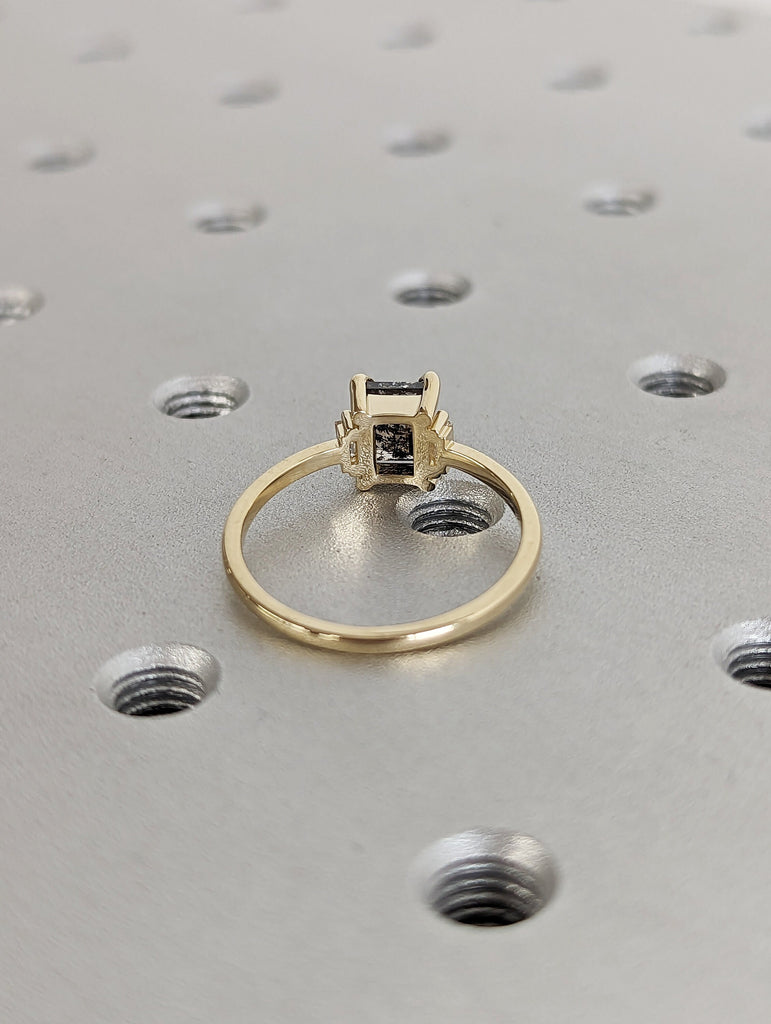 Galaxy Raw Salt and Pepper Diamond Ring- Baguette Cut Diamond Engagement Ring- Unique Bridal Geometric Diamond- Promise Ring- Vintage Ring