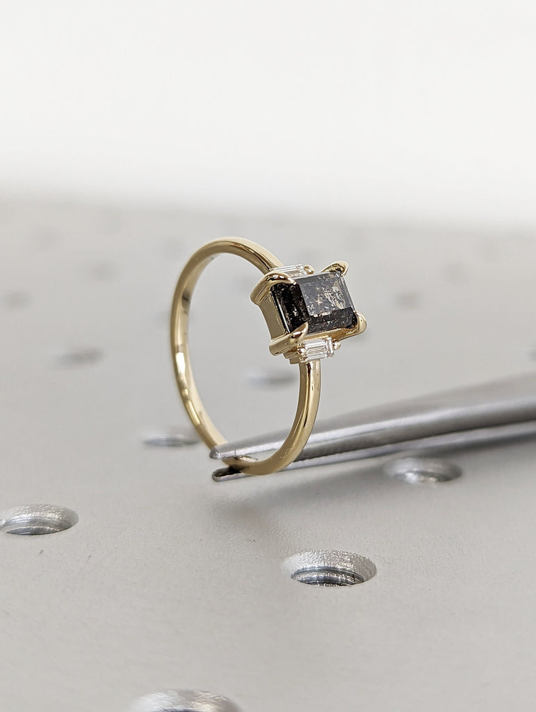 Galaxy Raw Salt and Pepper Diamond Ring- Baguette Cut Diamond Engagement Ring- Unique Bridal Geometric Diamond- Promise Ring- Vintage Ring