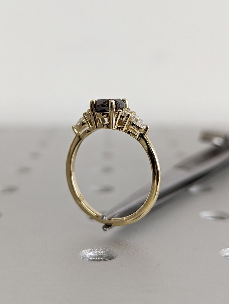 Salt and pepper diamond engagement ring Pear cut Wedding ring 14K yellow gold ring Art deco moissanite bridal ring Anniversary Promise ring