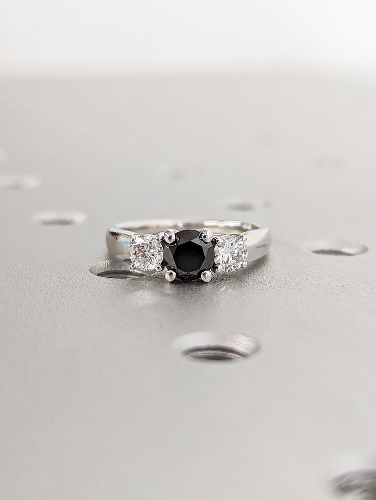 Black Diamond Three Stone Ring, White Gold Wedding Ring, Anniversary Ring, Unique Ring, Engagement Band, Proposal Ring, Simple Promise Ring