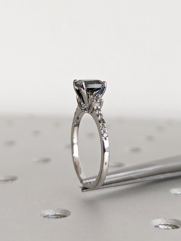 Galaxy Raw Salt and Pepper Diamond Ring- Emerald Cut Diamond Engagement Ring Sets- Unique Bridal Geometric Diamond Promise Ring Set Art Deco