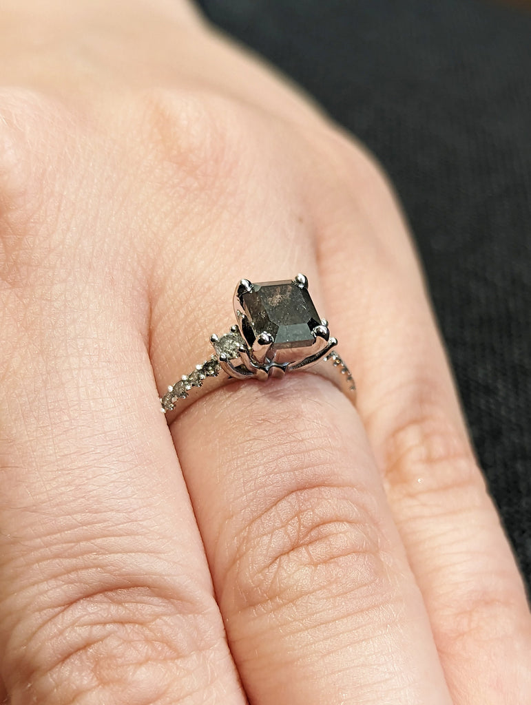 Galaxy Raw Salt and Pepper Diamond Ring- Emerald Cut Diamond Engagement Ring Sets- Unique Bridal Geometric Diamond Promise Ring Set Art Deco