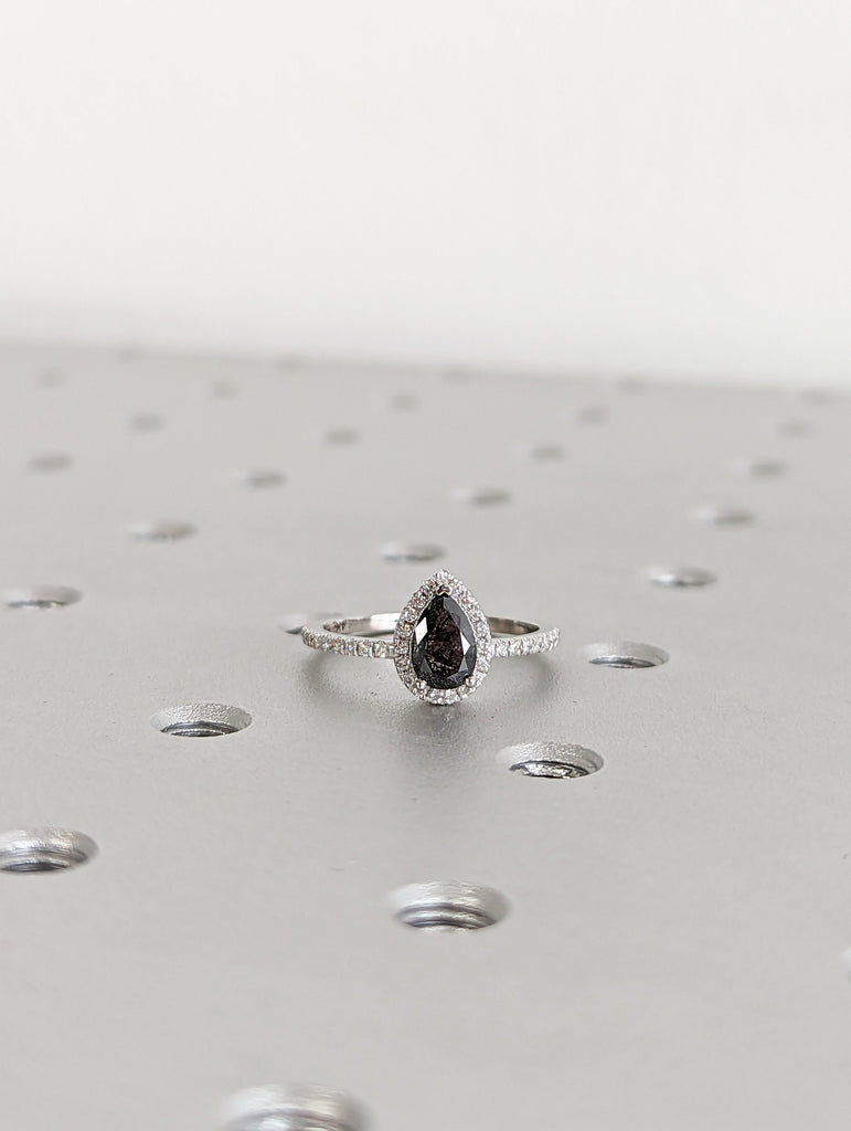 1920's Raw Salt and Pepper Diamond Halo, Pear Diamond Halo Ring, Unique Engagement Bridal Set, Black, Gray Pear, 14k Yellow Rose White Gold