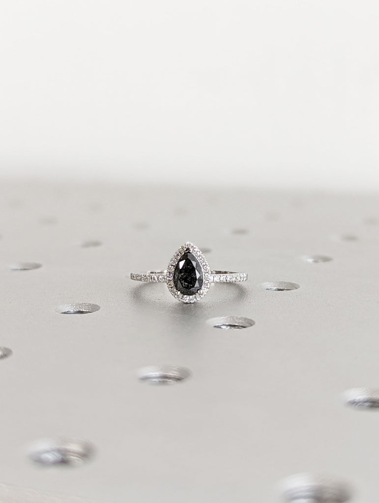 1920's Raw Salt and Pepper Diamond Halo, Pear Diamond Halo Ring, Unique Engagement Bridal Set, Black, Gray Pear, 14k Yellow Rose White Gold