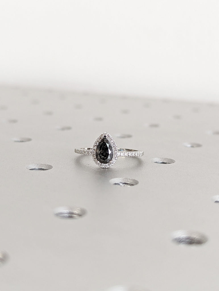 1920's Raw Salt and Pepper Diamond Halo, Pear Diamond Halo Ring, Unique Engagement Bridal Set, Black, Gray Pear, 14k Yellow Rose White Gold