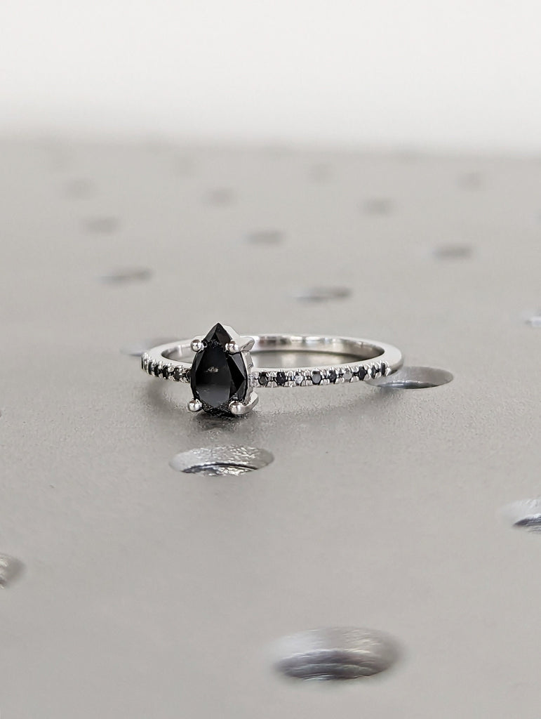 0.5 Carat 1920's Raw Salt and Pepper Diamond, Pear Diamond Ring, Unique Engagement Bridal Set, Black, Gray Pear 14k Yellow, Rose, White Gold