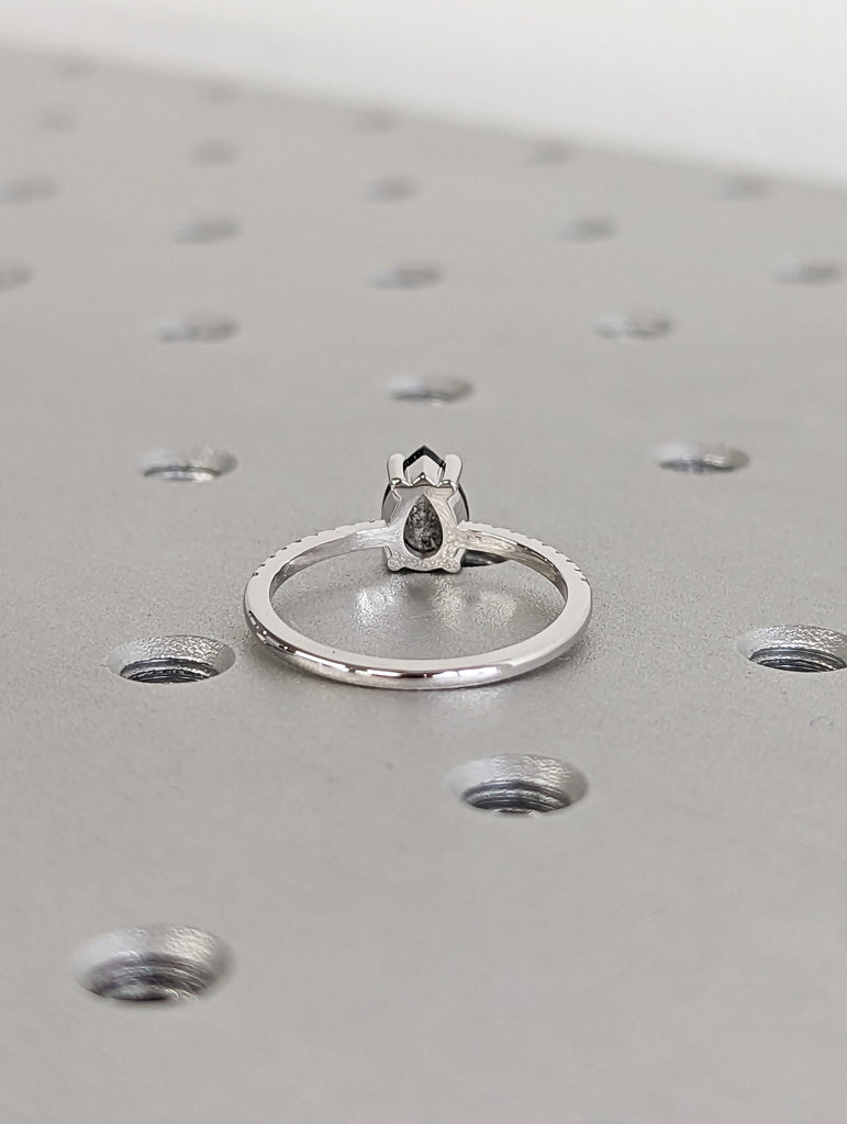 1920's Raw Salt and Pepper Diamond, Pear Diamond Ring, Unique Engagement Bridal Set, Black, Gray Pear, 14k Yellow, Rose, Black or White Gold