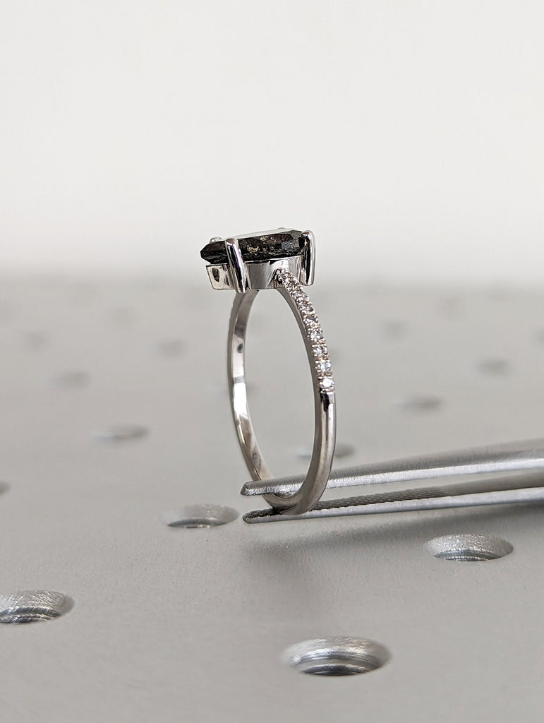 1920's Raw Salt and Pepper Diamond, Pear Diamond Ring, Unique Engagement Bridal Set, Black, Gray Pear, 14k Yellow, Rose, White or Black Gold