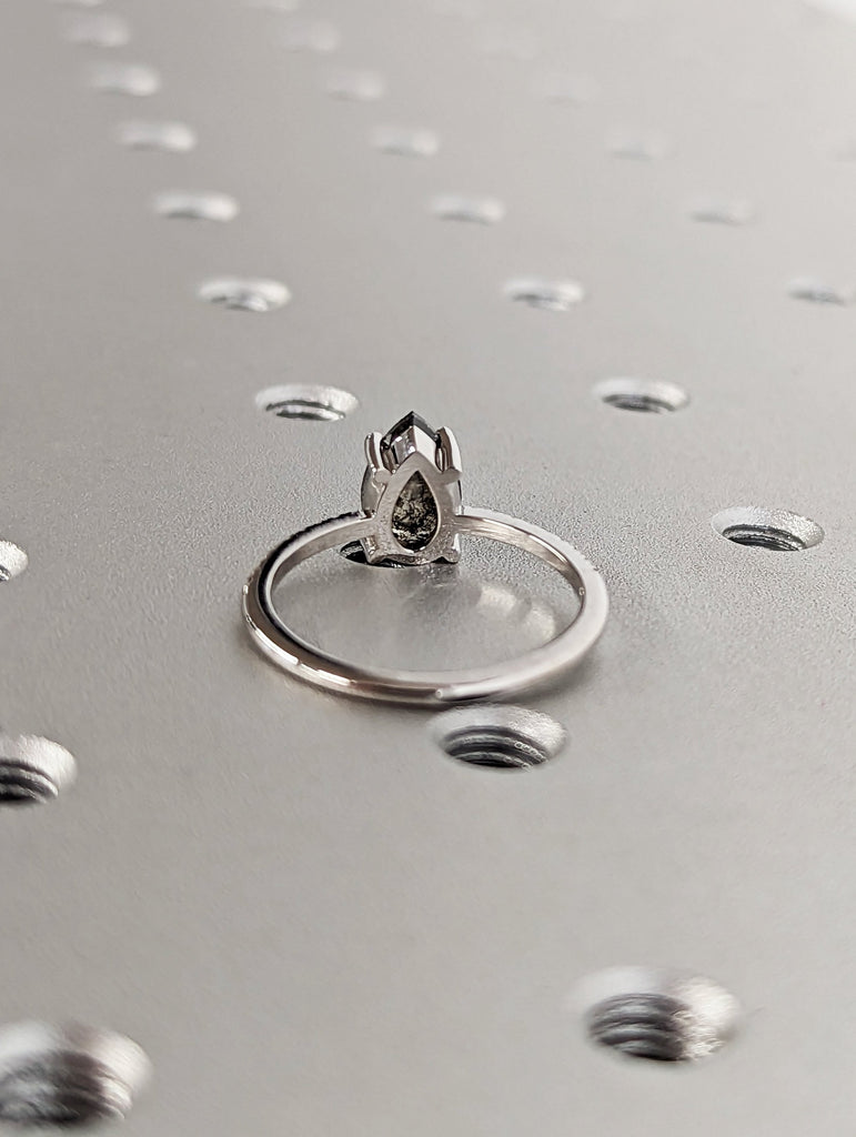 1920's Raw Salt and Pepper Diamond, Pear Diamond Ring, Unique Engagement Bridal Set, Black, Gray Pear, 14k Yellow, Rose, White or Black Gold