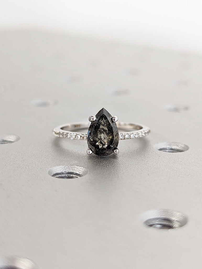 1920's Raw Salt and Pepper Diamond, Pear Diamond Ring, Unique Engagement Bridal Set, Black, Gray Pear, 14k Yellow, Rose, White or Black Gold