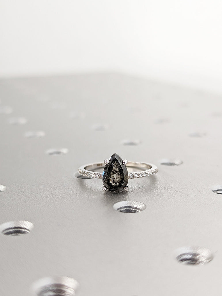 1920's Raw Salt and Pepper Diamond, Pear Diamond Ring, Unique Engagement Bridal Set, Black, Gray Pear, 14k Yellow, Rose, or White Gold