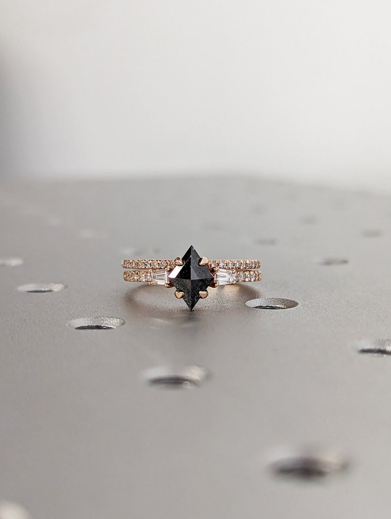 1Ct Kite Rhombus Cut Wedding Set in Rose Gold , Salt and Pepper Bridal Set, Salt and pepper Kite Cut Bridal Set, Vintage Diamond bridal Set