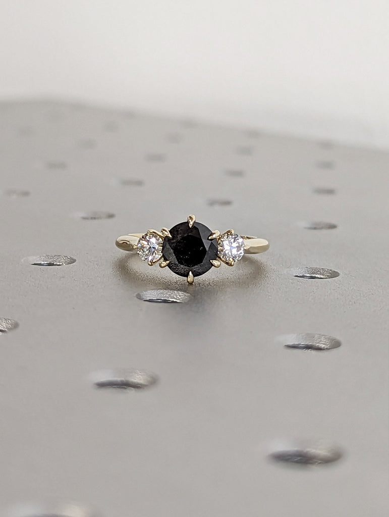 2 Carat 1920's Raw Salt and Pepper Diamond, Round Diamond Ring, Unique Engagement Bridal, Black, Gray Pear, 14k Yellow Rose White Black Gold