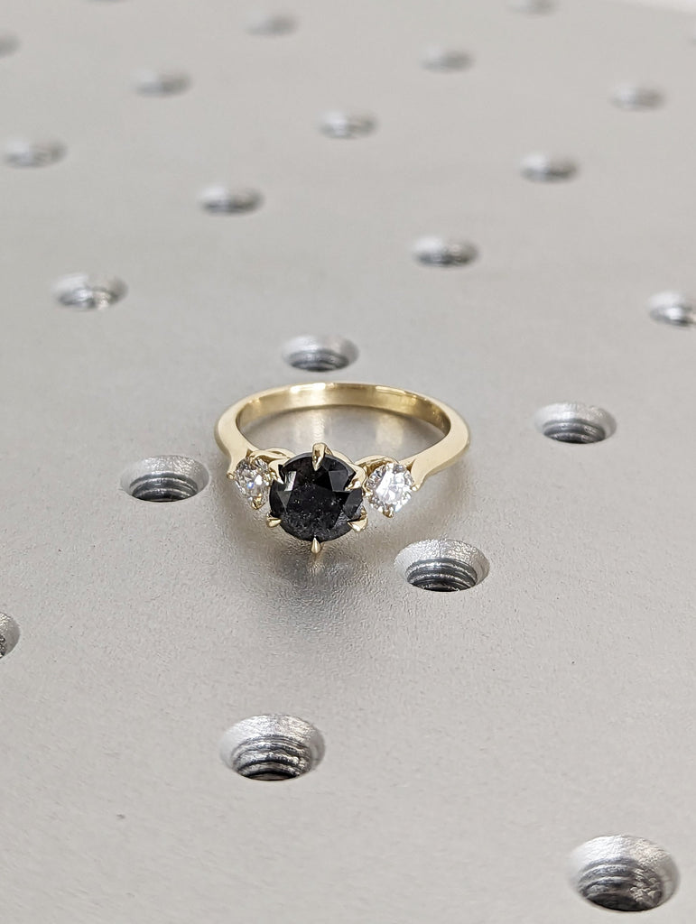 2 Carat 1920's Raw Salt and Pepper Diamond, Round Diamond Ring, Unique Engagement Bridal, Black, Gray Pear, 14k Yellow Rose White Black Gold