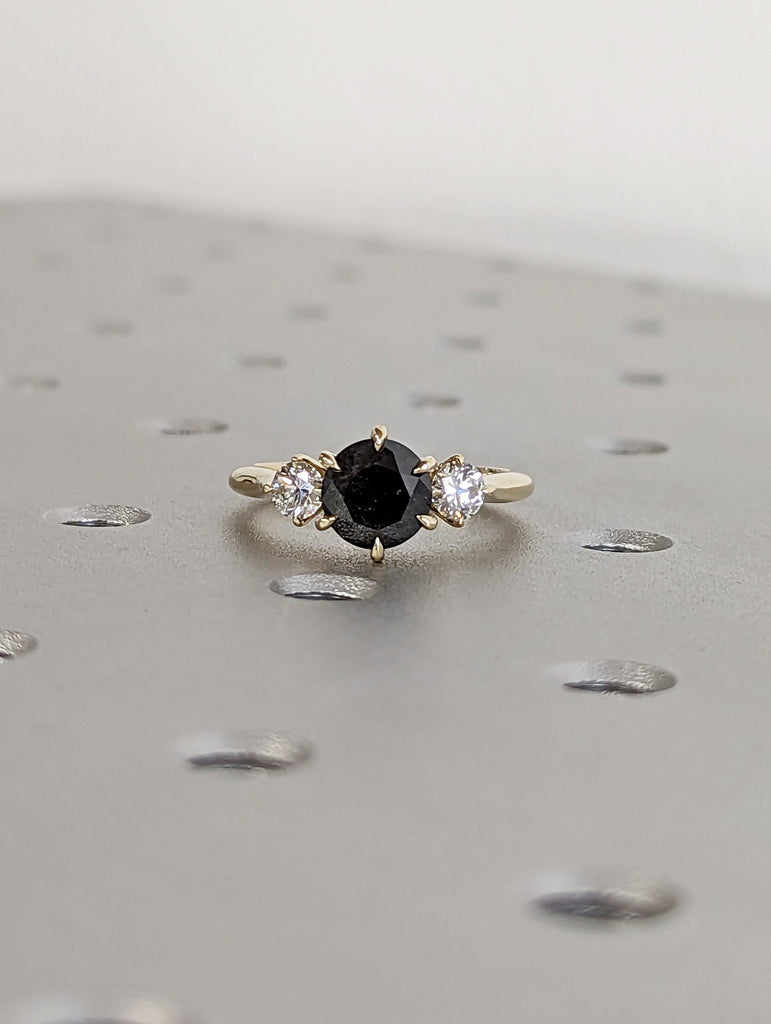 2 Carat 1920's Raw Salt and Pepper Diamond, Round Diamond Ring, Unique Engagement Bridal, Black, Gray Pear, 14k Yellow Rose White Black Gold