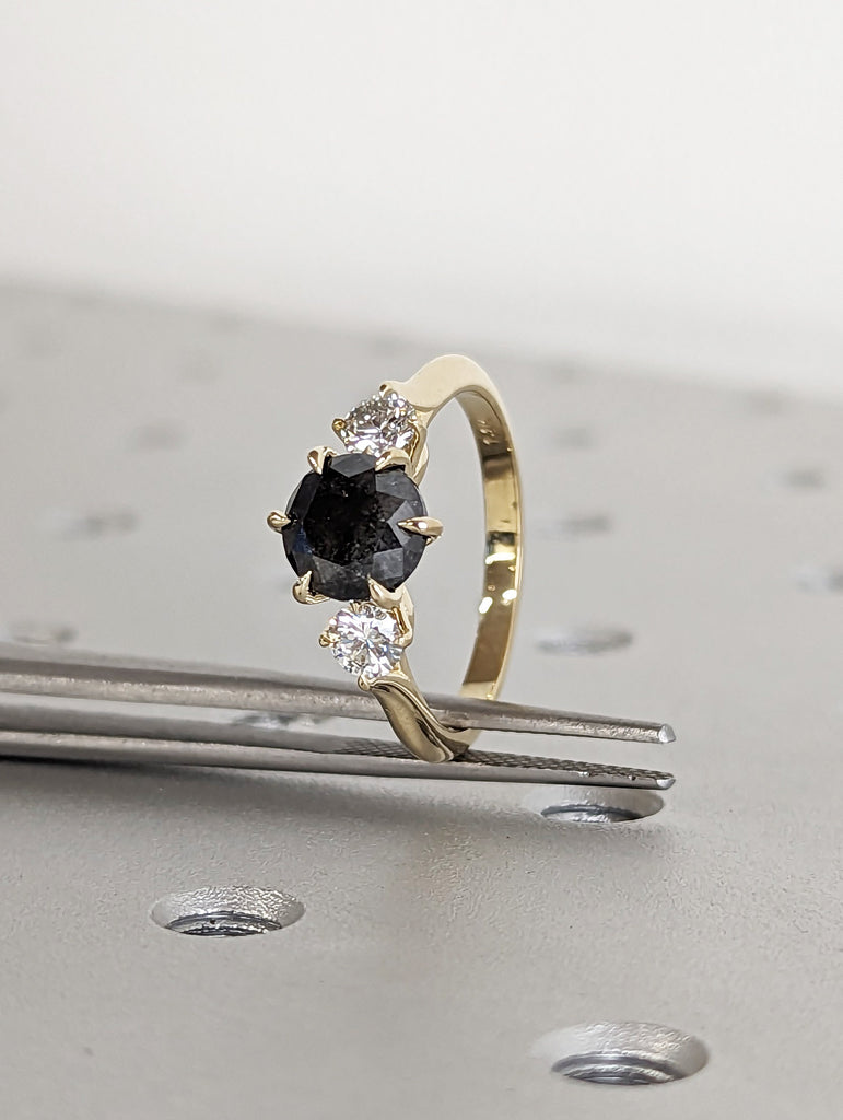 2 Carat 1920's Raw Salt and Pepper Diamond, Round Diamond Ring, Unique Engagement Bridal, Black, Gray Pear, 14k Yellow Rose White Black Gold