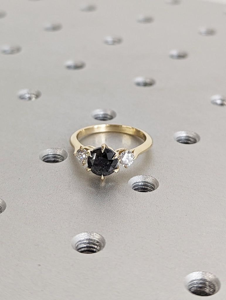 2 Carat 1920's Raw Salt and Pepper Diamond, Round Diamond Ring, Unique Engagement Bridal, Black, Gray Pear, 14k Yellow Rose White Black Gold
