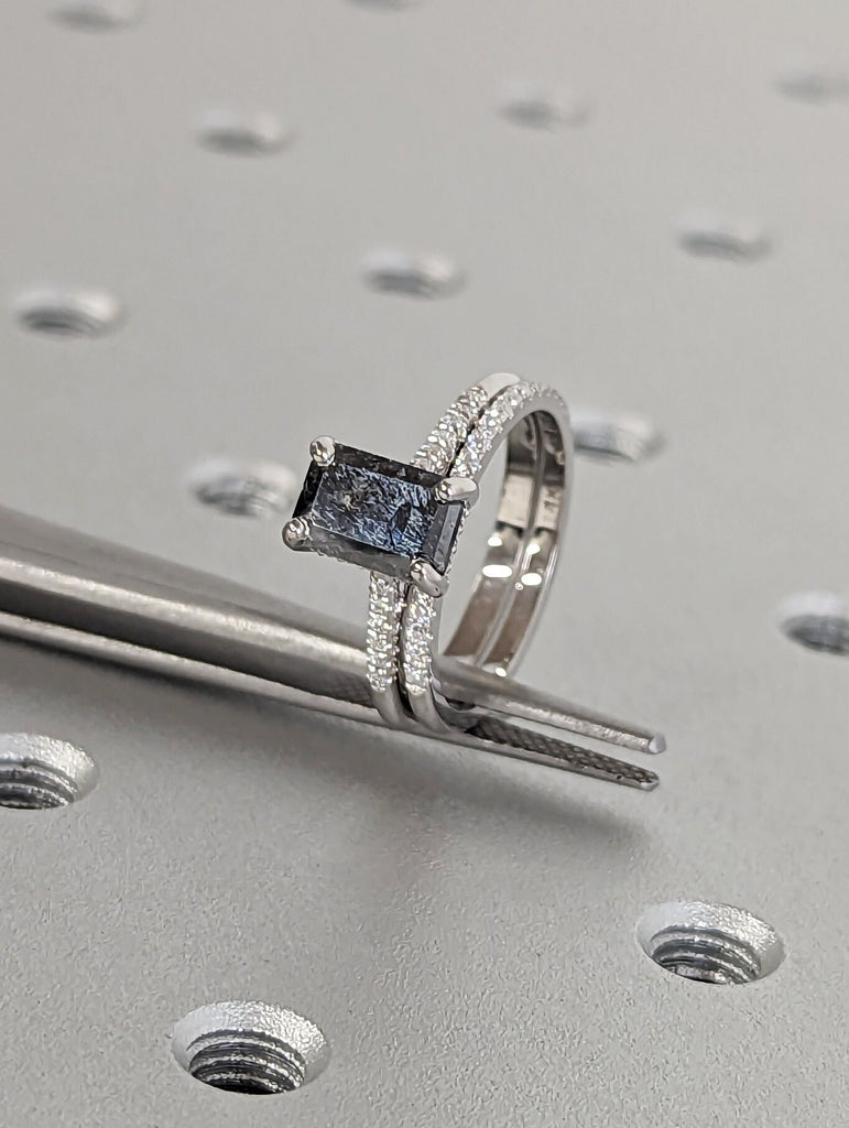 1.5 Carat 1920's Raw Salt and Pepper Diamond, Emerald Diamond Ring, Unique Engagement Ring, hidden halo ring
