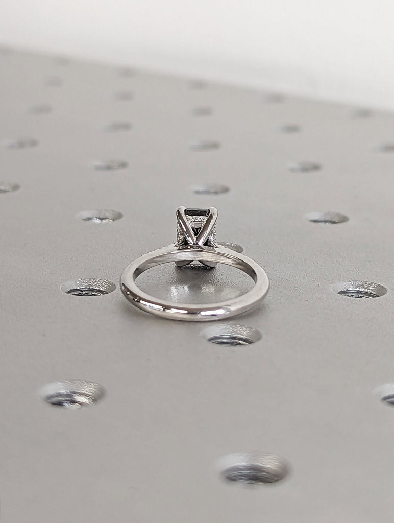 1.5 Carat 1920's Raw Salt and Pepper Diamond, Emerald Diamond Ring, Unique Engagement Ring, hidden halo ring