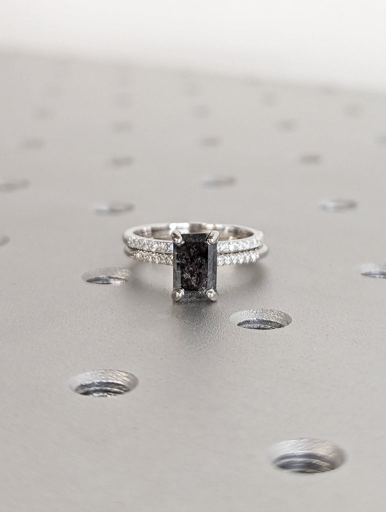 1.5 Carat 1920's Raw Salt and Pepper Diamond, Emerald Diamond Ring, Unique Engagement Ring, hidden halo ring