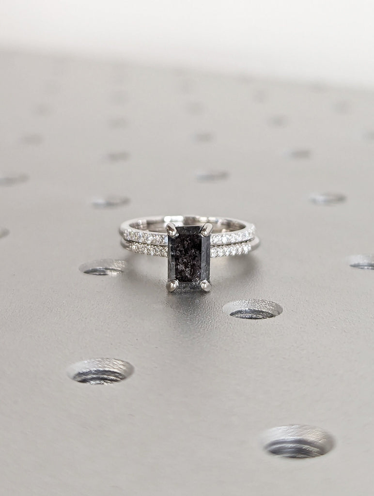 1.5 Carat 1920's Raw Salt and Pepper Diamond, Emerald Diamond Ring, Unique Engagement Ring, hidden halo ring