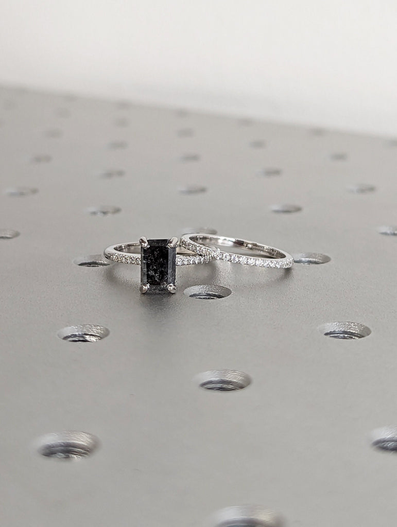 1.5 Carat 1920's Raw Salt and Pepper Diamond, Emerald Diamond Ring, Unique Engagement Ring, hidden halo ring