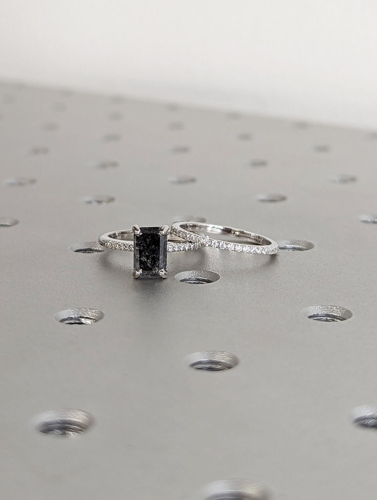 1.5 Carat 1920's Raw Salt and Pepper Diamond, Emerald Diamond Ring, Unique Engagement Ring, hidden halo ring