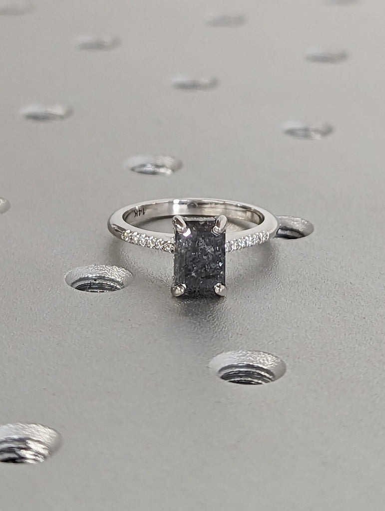 1.5 Carat 1920's Raw Salt and Pepper Diamond, Emerald Diamond Ring, Unique Engagement Ring, hidden halo ring