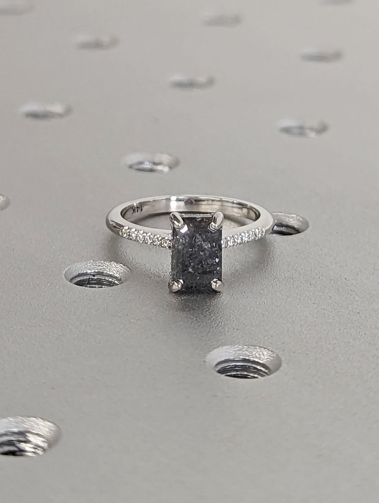 1.5 Carat 1920's Raw Salt and Pepper Diamond, Emerald Diamond Ring, Unique Engagement Ring, hidden halo ring