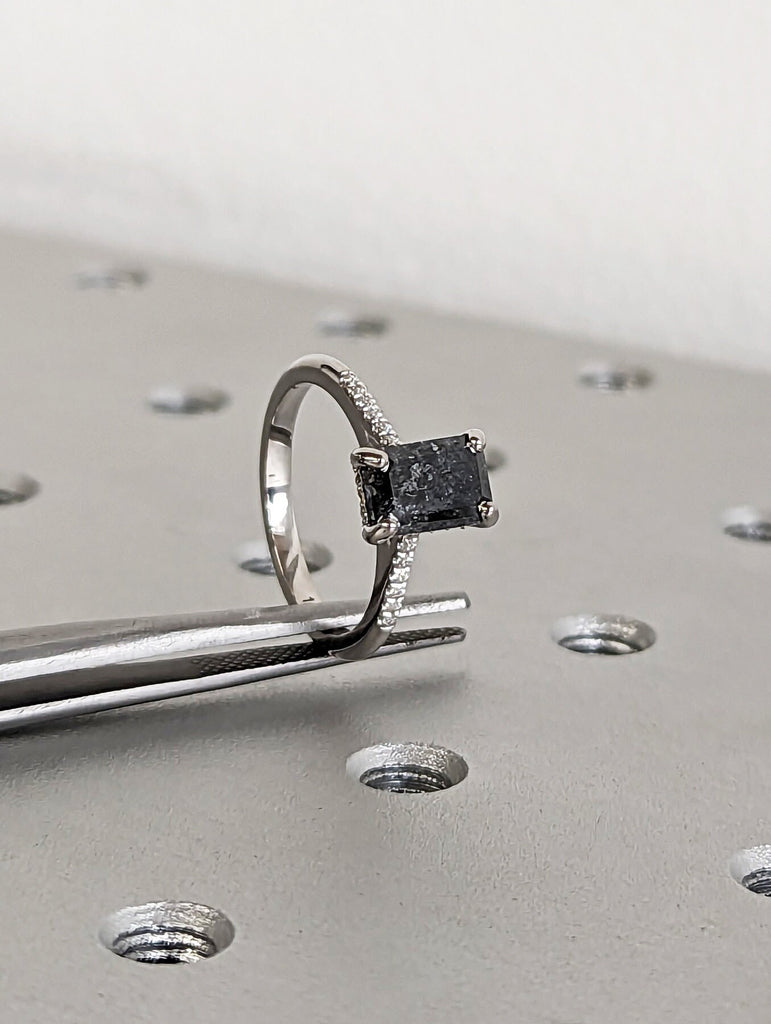 1.5 Carat 1920's Raw Salt and Pepper Diamond, Emerald Diamond Ring, Unique Engagement Ring, hidden halo ring