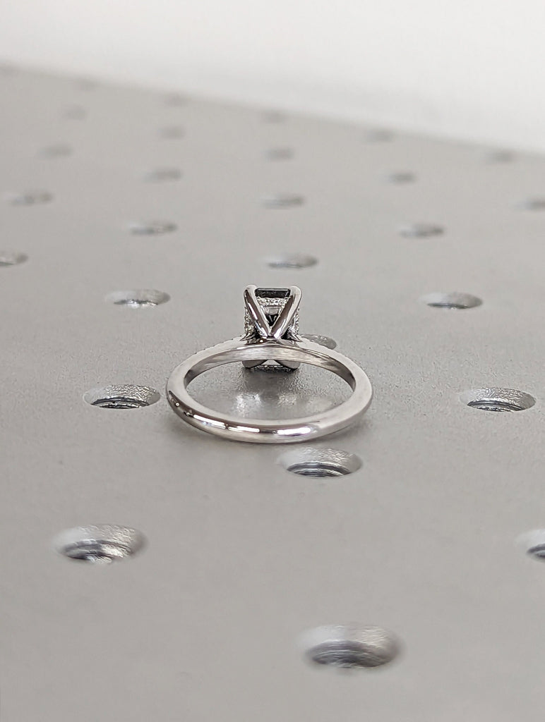 1.5 Carat 1920's Raw Salt and Pepper Diamond, Emerald Diamond Ring, Unique Engagement Ring, hidden halo ring