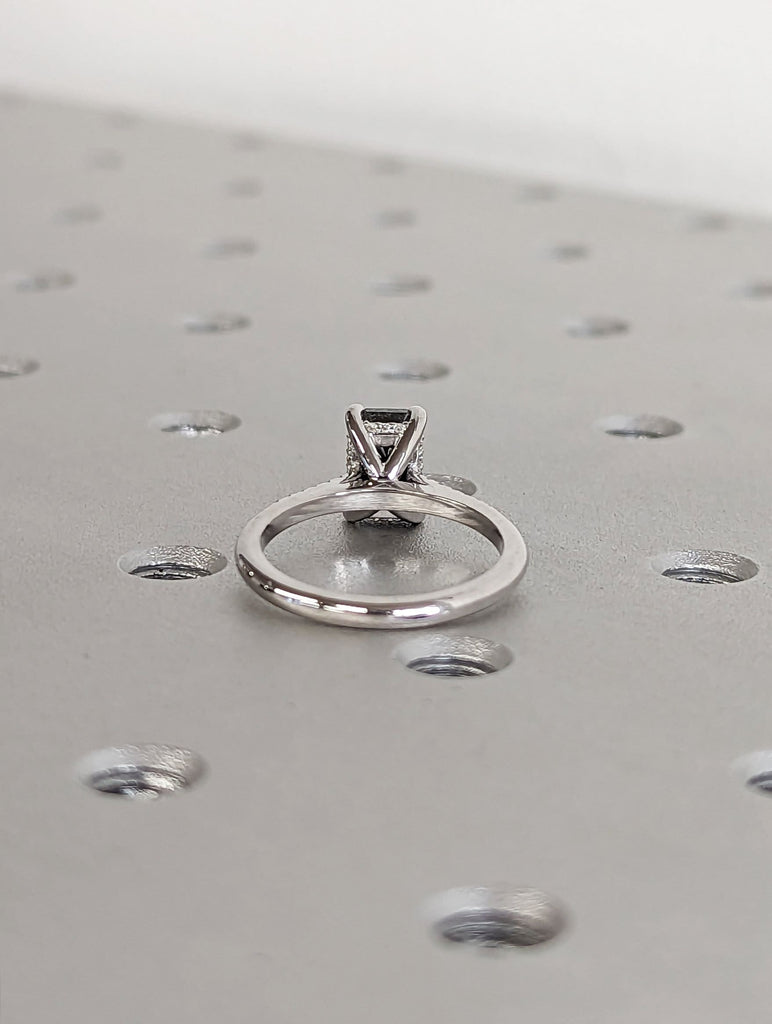 1.5 Carat 1920's Raw Salt and Pepper Diamond, Emerald Diamond Ring, Unique Engagement Ring, hidden halo ring