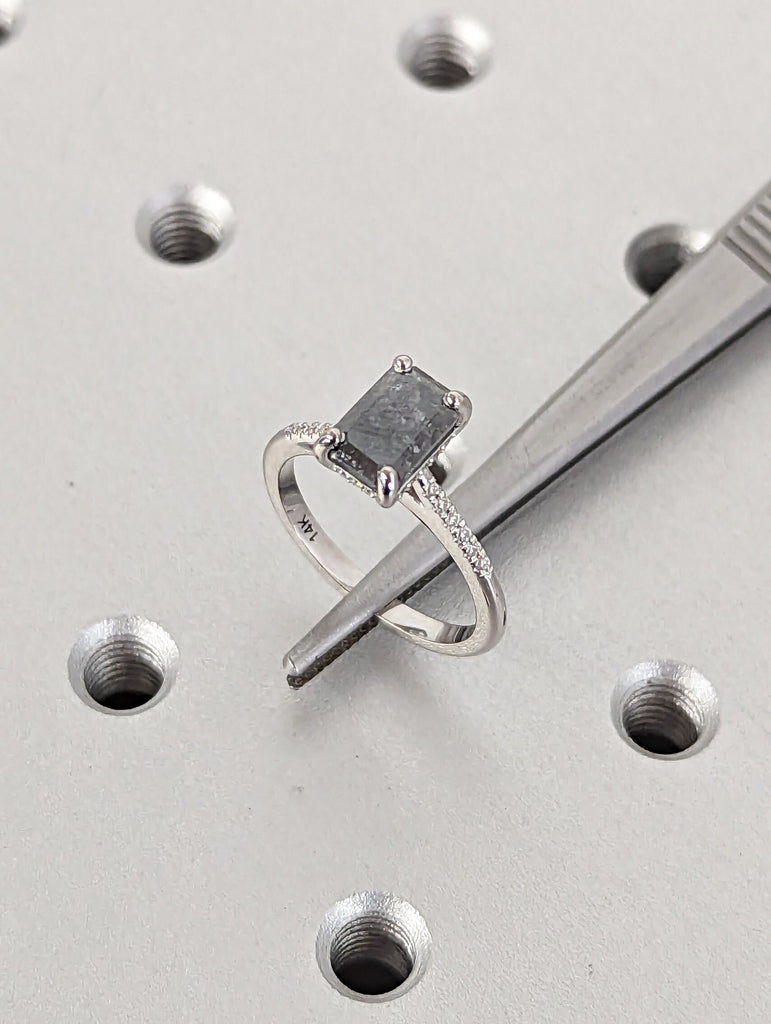1.5 Carat 1920's Raw Salt and Pepper Diamond, Emerald Diamond Ring, Unique Engagement Ring, hidden halo ring