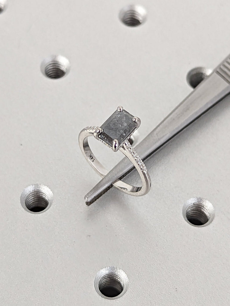 1.5 Carat 1920's Raw Salt and Pepper Diamond, Emerald Diamond Ring, Unique Engagement Ring, hidden halo ring