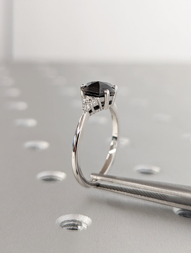 Raw Diamond Hexagon Round Diamond, Salt and Pepper, Unique Engagement Ring, Rose Cut Geometric Diamond Ring, 14k Gold, Custom Handmade
