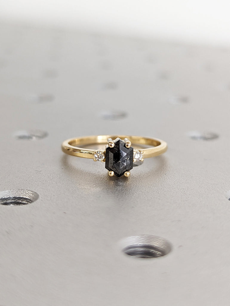 Raw Diamond, Salt and Pepper, Hexagon, Unique Engagement Ring, Rose Cut Geometric Diamond Ring, 18k Gold, Custom Handmade