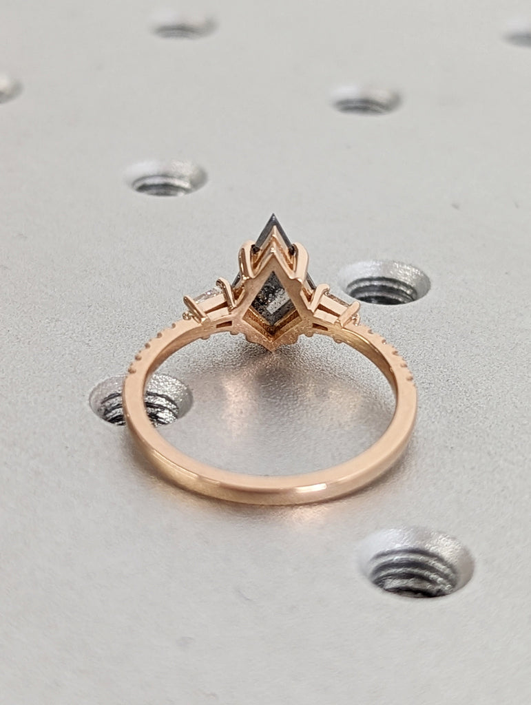 Raw Diamond Kite Baguette Diamond, Salt and Pepper, Unique Engagement Ring, Rose Cut Geometric Diamond Ring, 18k Rose Gold, Custom Handmade