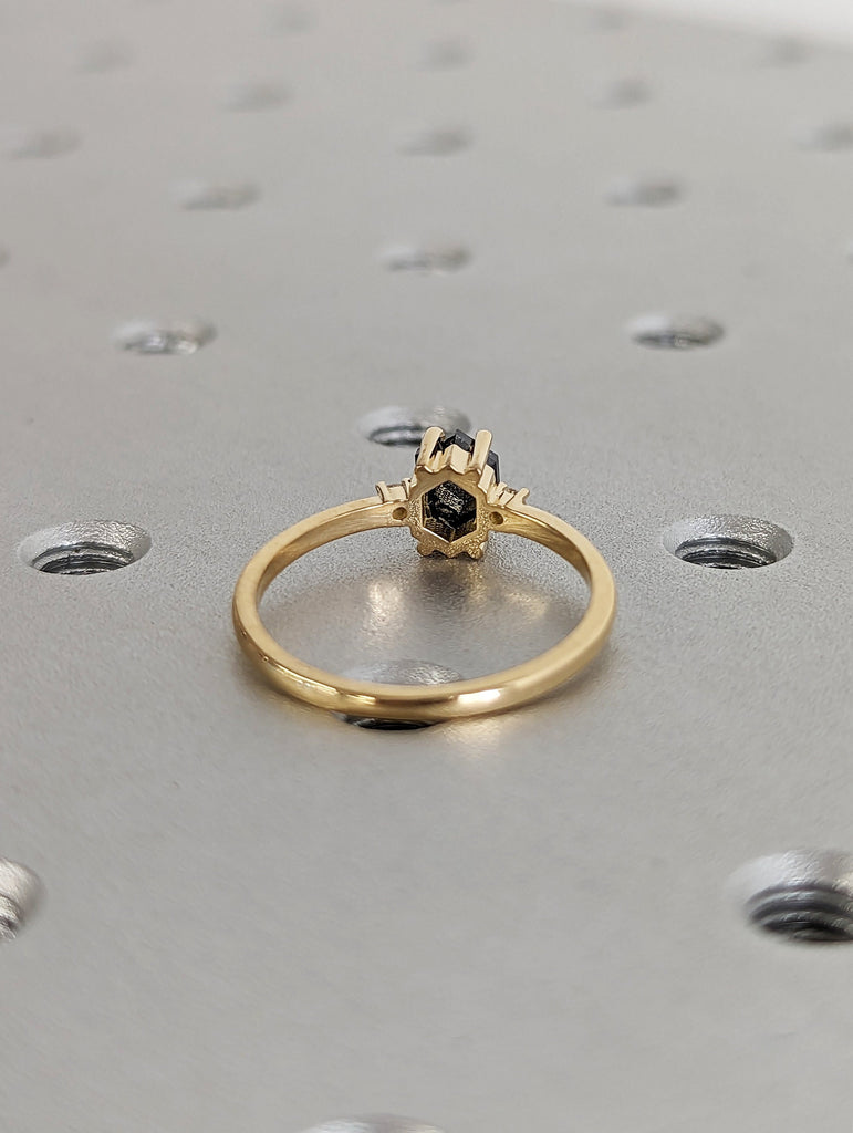 Raw Diamond, Salt and Pepper, Hexagon, Unique Engagement Ring, Rose Cut Geometric Diamond Ring, 18k Gold, Custom Handmade