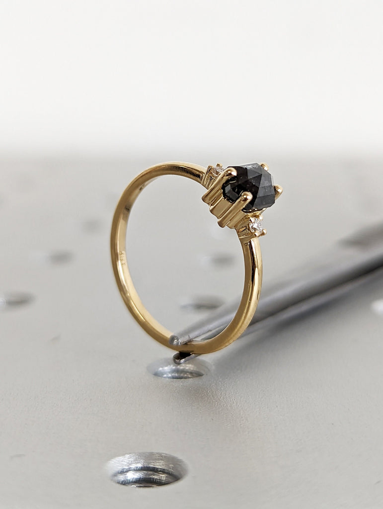 Raw Diamond, Salt and Pepper, Hexagon, Unique Engagement Ring, Rose Cut Geometric Diamond Ring, 18k Gold, Custom Handmade