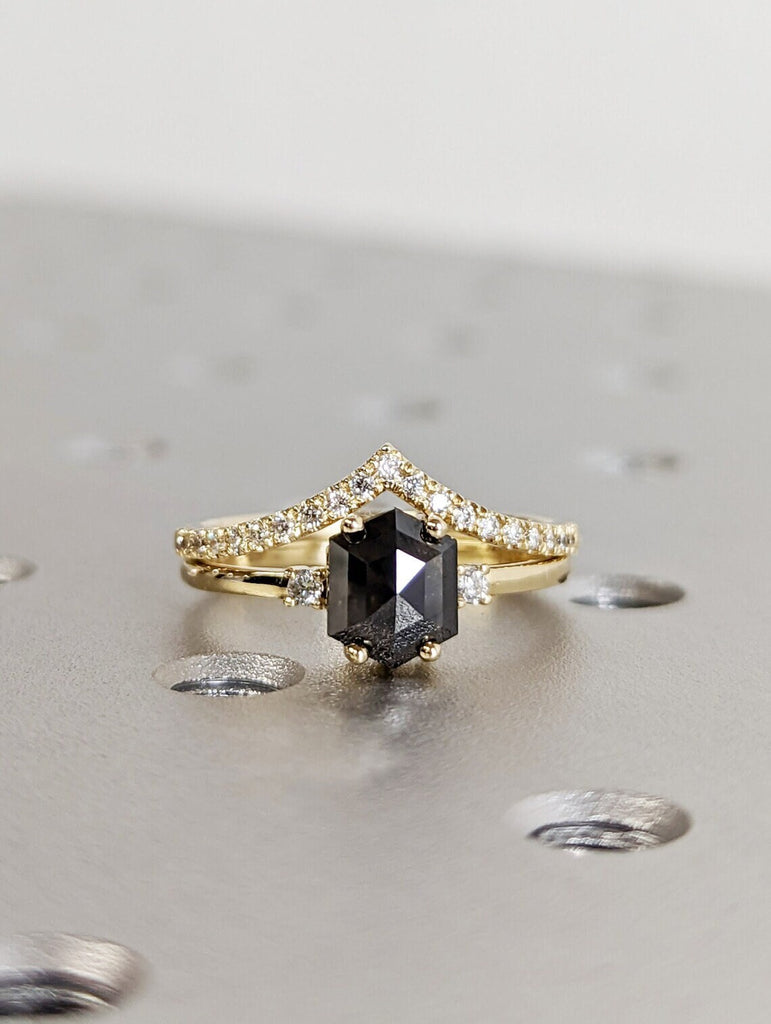 Raw Diamond, Salt and Pepper, Hexagon, Unique Engagement Ring, Rose Cut Geometric Diamond Ring, 18k Gold, Custom Handmade