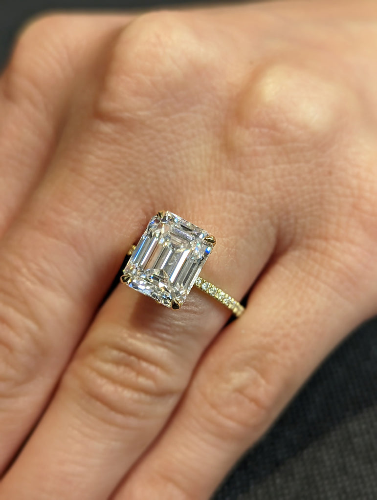 Hidden Halo Emerald Cut Solitaire Engagement Ring, Emerald Cut Engagement Ring, Emerald Cut Ring, 4Ct Solid 14k Moissanite Engagement Ring