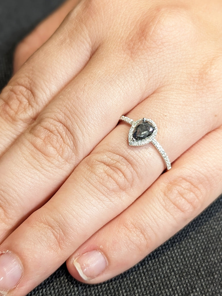 1920's Raw Salt and Pepper Diamond Halo, Pear Diamond Halo Ring, Unique Engagement Bridal Set, Black, Gray Pear, 14k Yellow Rose White Gold