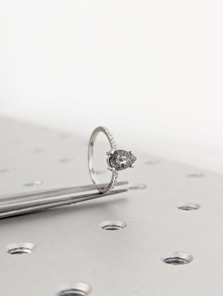 1920's Raw Salt and Pepper Diamond, Pear Diamond Ring, Unique Engagement Bridal Set, Black, Gray Pear, 14k Yellow, Rose, or White Gold