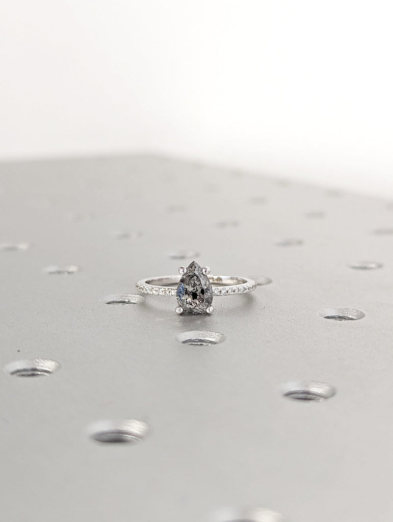 1920's Raw Salt and Pepper Diamond, Pear Diamond Ring, Unique Engagement Bridal Set, Black, Gray Pear, 14k Yellow, Rose, or White Gold