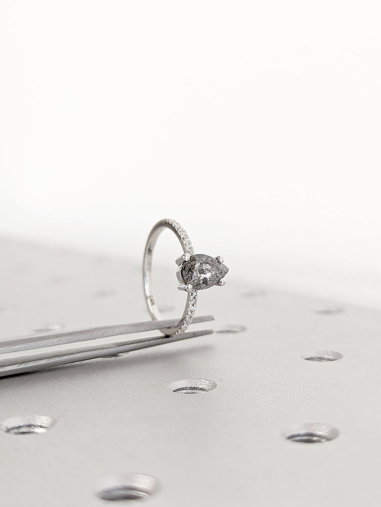 1920's Raw Salt and Pepper Diamond, Pear Diamond Ring, Unique Engagement Bridal Set, Black, Gray Pear, 14k Yellow, Rose, or White Gold